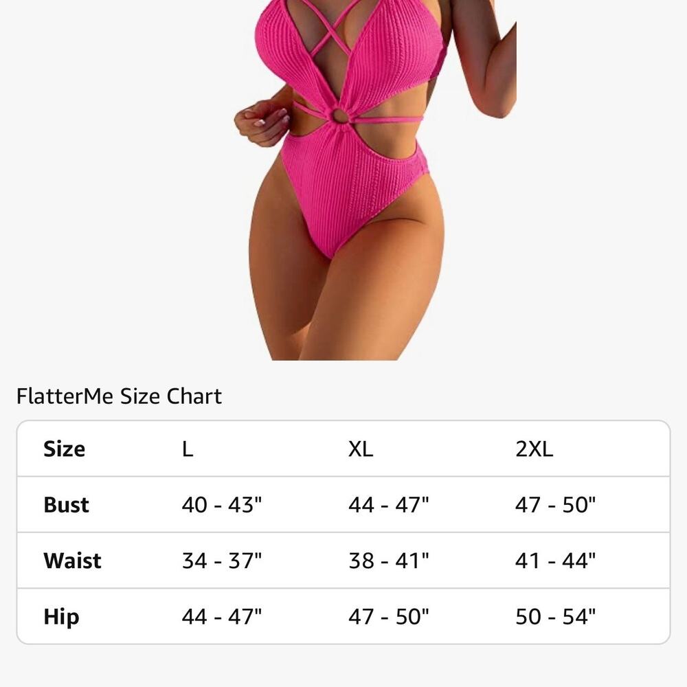 FlatterMe Pink Ribbed Cutout 1 Piece Swimsuit Ring Detail Crisscross Women Large - Picture 9 of 11